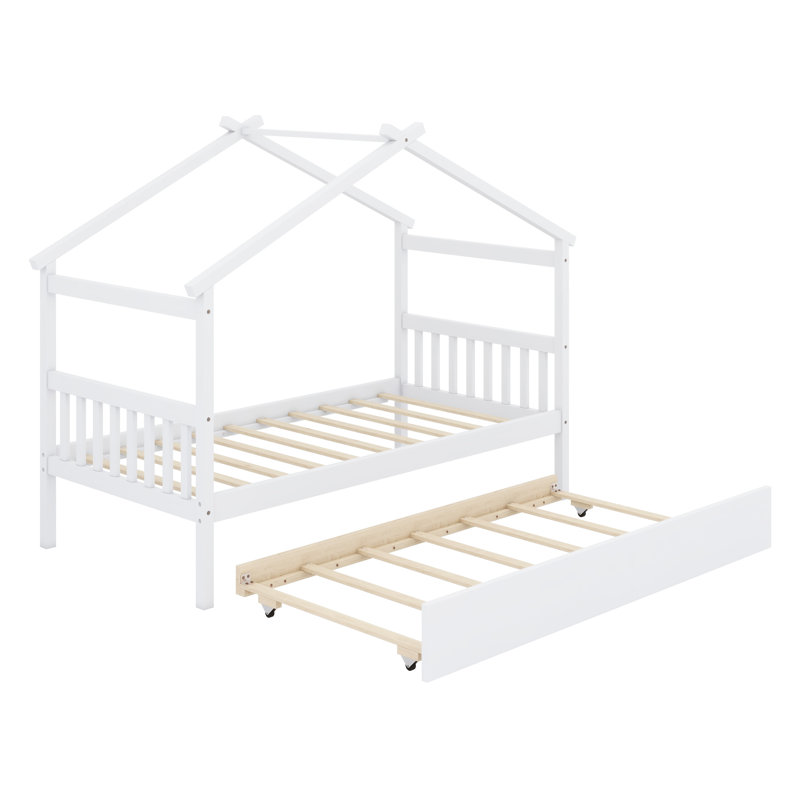 Lit en bois avec lit gigogne simple, Blanc, Lit simple