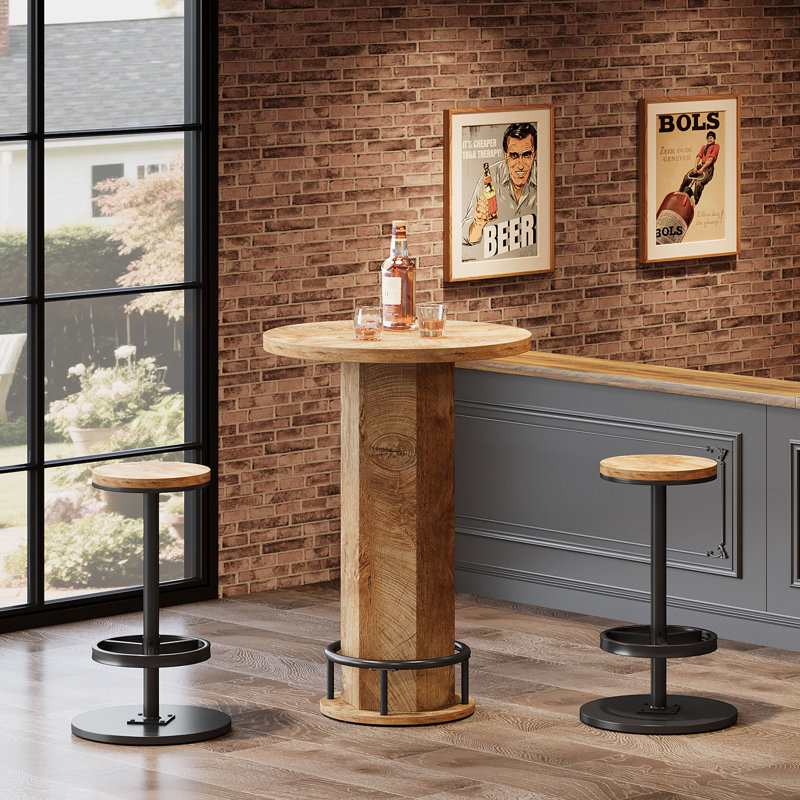 23.3" Small Round Kitchen Dining Table Set with 2 Chairs, Light Brown/Black
