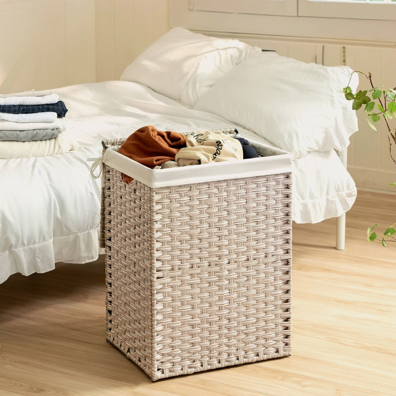 Panier à linge avec couvercle PE en rotin thermolaqué, paniers à linge avec 01 sacs amovibles, 100 L, Gris