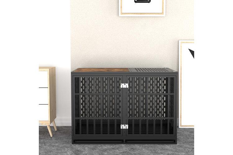 black metal dog crate with wood top