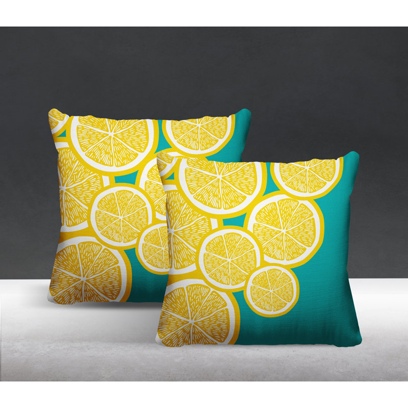 Oreiller carré intérieur / extérieur jaune Lulu, L 17 po x H 17 po, Jaune / turquoise