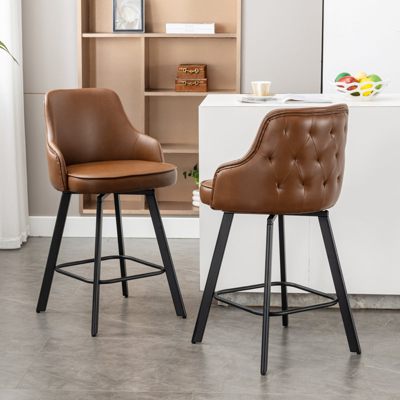 Tabouret de comptoir pivotant rembourré en cuir avec dossier haut (ensemble de 2), Brun, 2