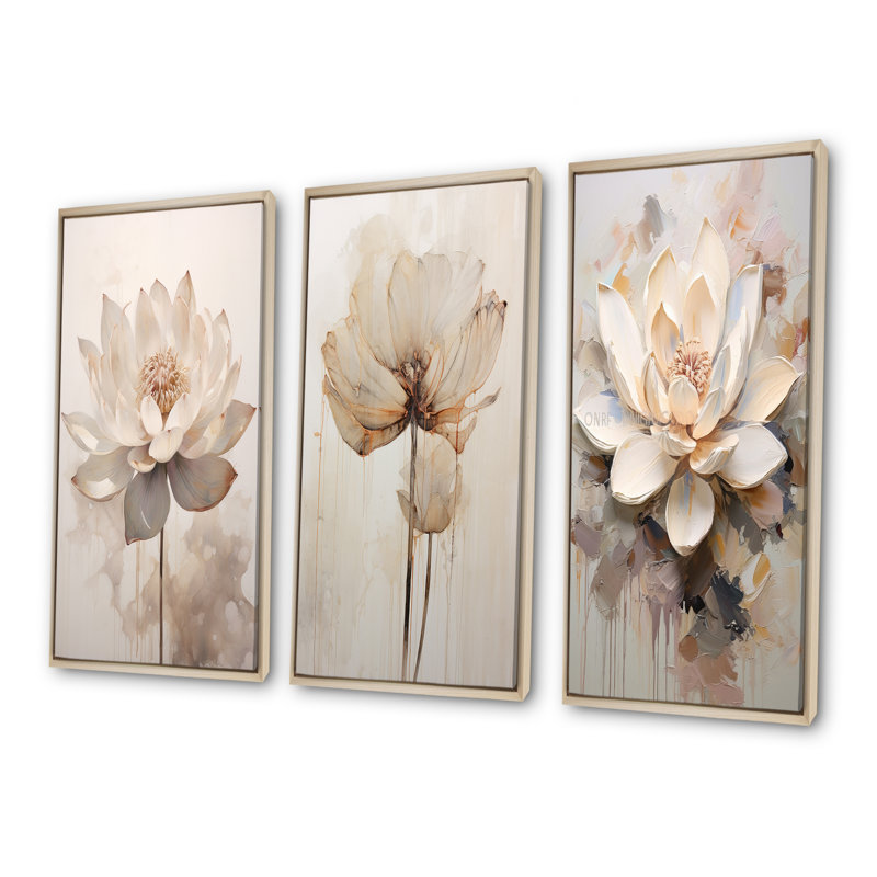 Beige Lotus Reflections - lot de 3 impressions d'art mural lotus, Cadre flottant brun, H 32 po x l 48 po