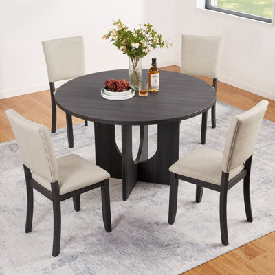 Round Dining Set with 4 Upholstered Dining Chairs, Modern Round Dining Table Set for 4, 5-Piece Round Dining Table Set