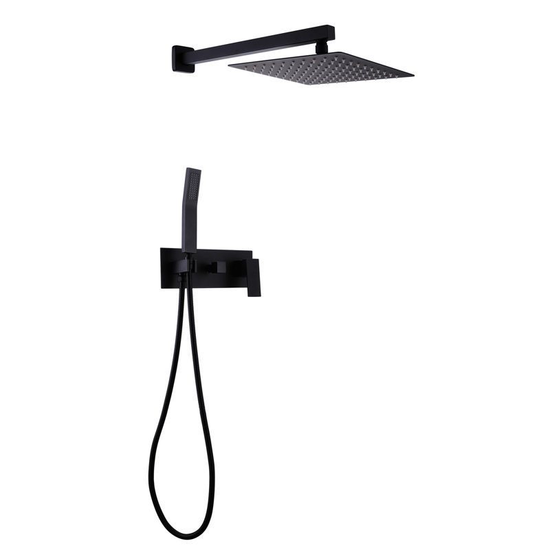 Système de douche noir mat - Salle de bain à tête de pluie de 12 po. Luxe mural. Le corps en laiton maintient l'eau propre. Alimentation en eau chaude et froide avec 1 poignée. 2 têtes, valve à disque en céramique. Bras de 15,75 po, système de boyau de 59 po.