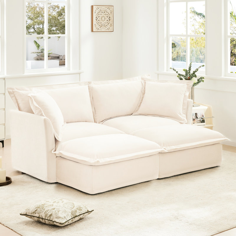 Canapé-lit 2 places crème, coussins de dossier haut, expérience de détente 2 avec repose-pieds, chenille, crème, lit