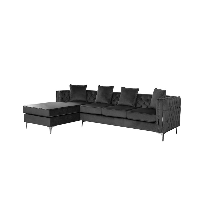 Everly Quinn Dark Grey Velvet Reversible Sectional Sofa Chaise with Nail-Head Trim