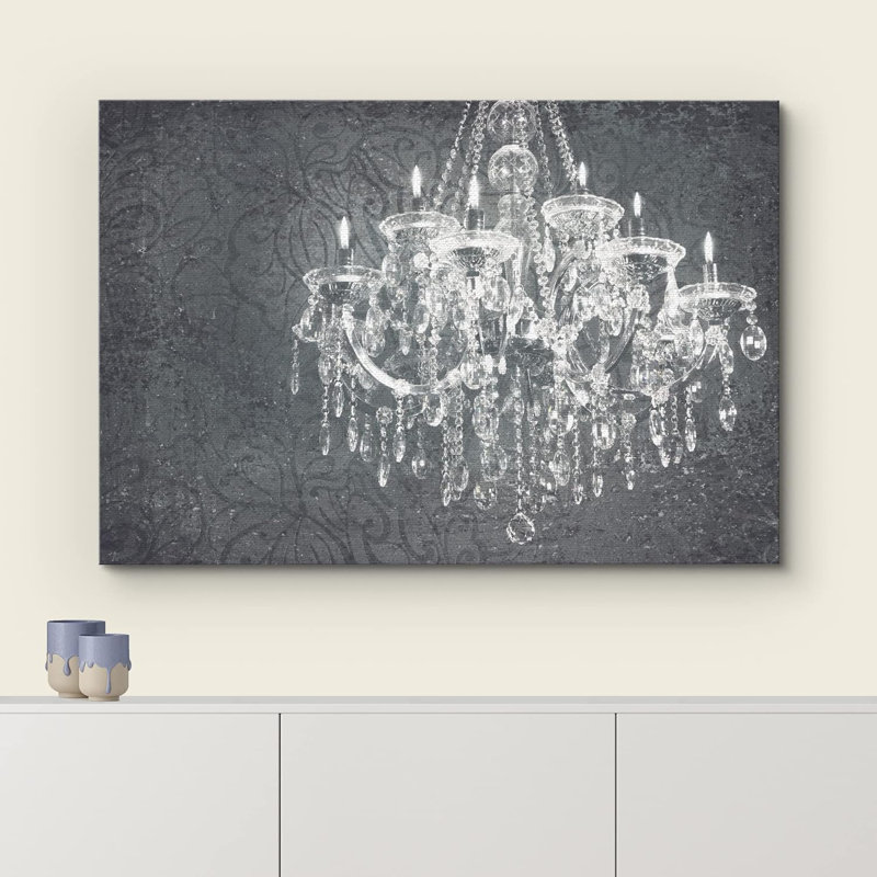 Glam Crystal Chandelier " Grey Crystal Chandelier Candle Silhouette On Floral Pattern Decor Lights Modern Art ", Toile tendue