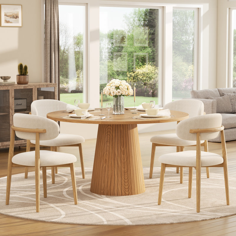 Ensemble de salle à manger de style Mid-Century pour 4-6 personnes, table à piédestal ronde en MDF et chaises en métal revêtues de lin