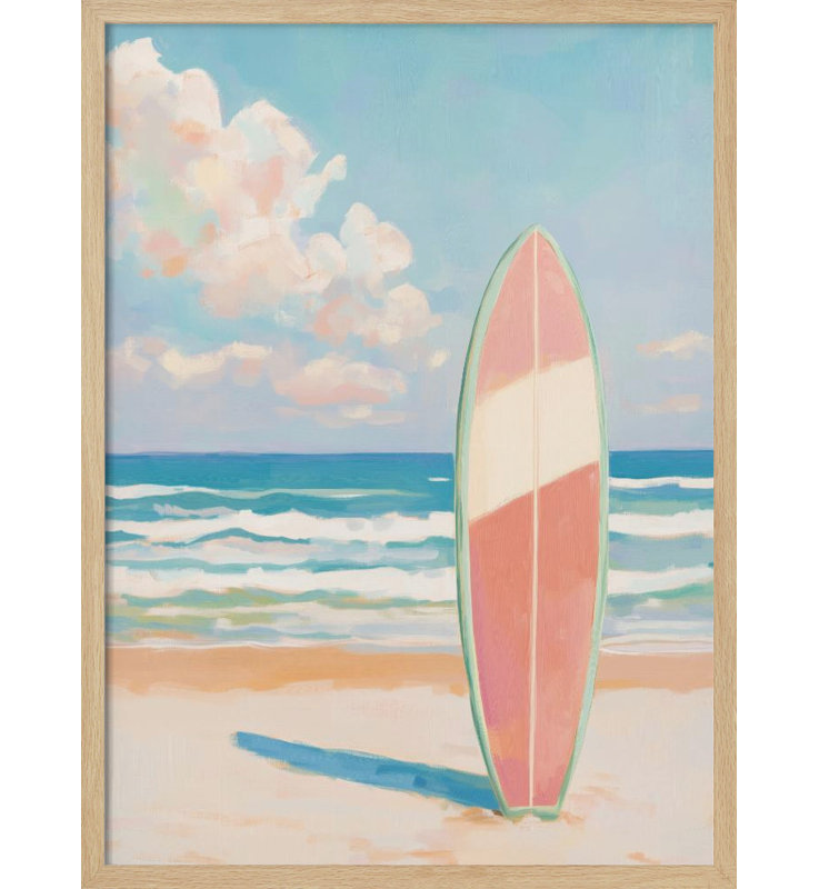 «Sea Beach Surfboard», art mural texturé encadré, Encadrement beige, H 40 po x l 30 po