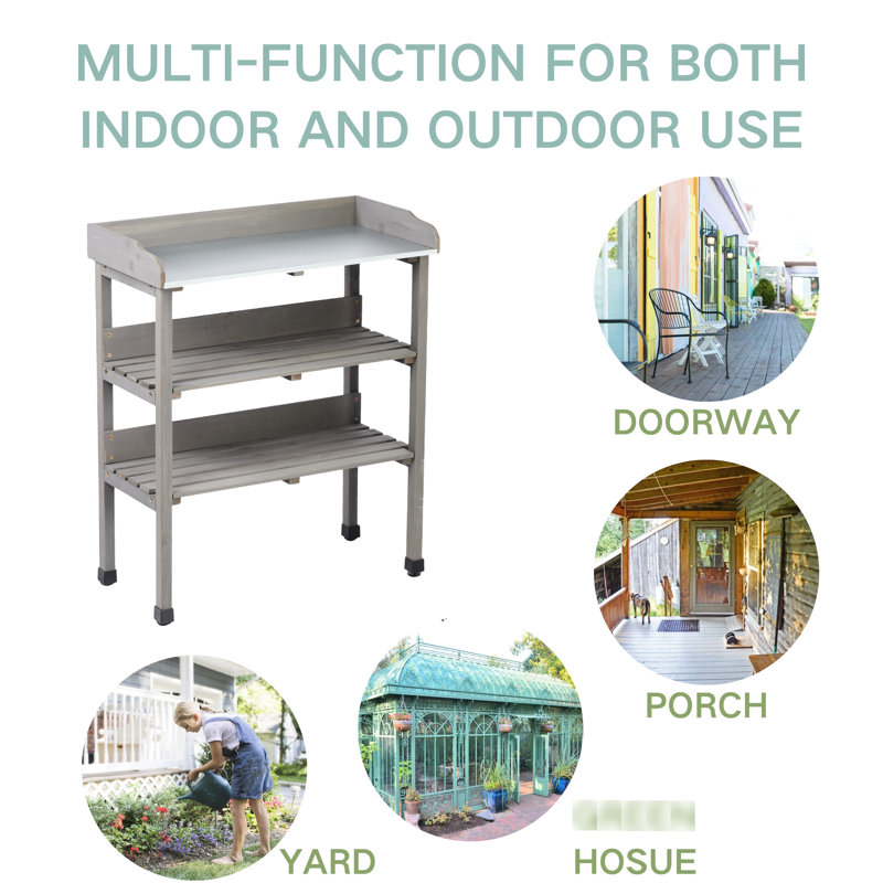 Table de rempotage 30,5L14,6W35,5H avec surface en métal, banc de travail extérieur à 3 niveaux pour le jardin, poste de travail en bois massif, espace de travail et rangement design, accessoires de crochets intégrés, stabilité des pieds réglables