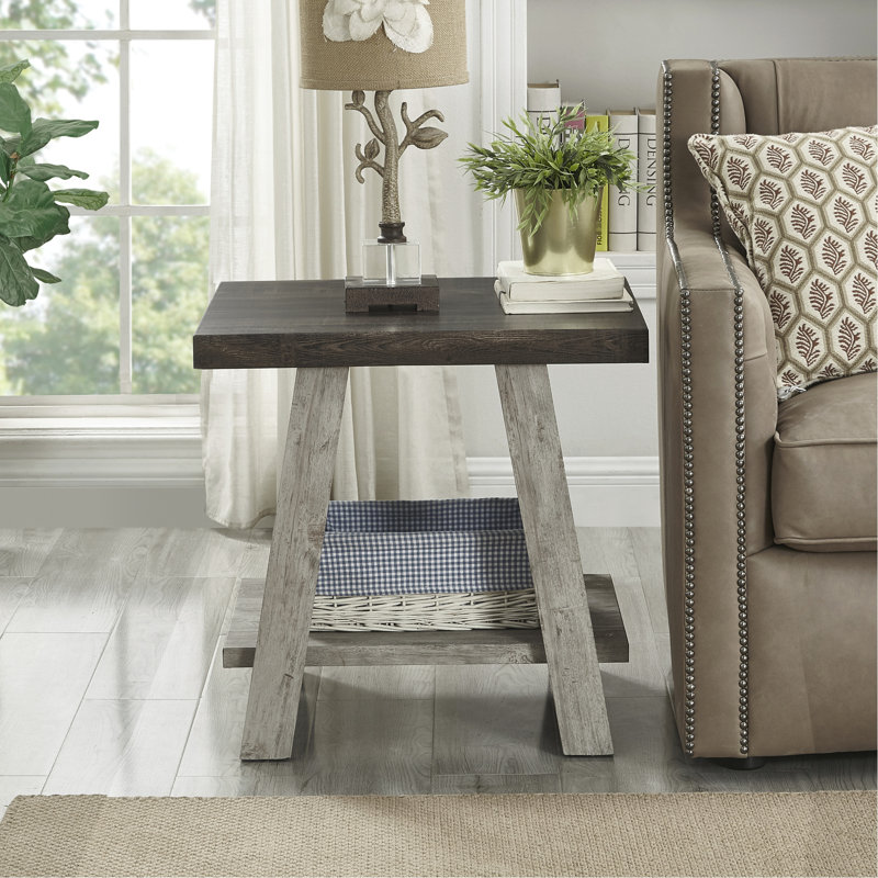 Table de bout grise et noyer patiné avec plateau carré H 23 po, Gris anthracite, Gris