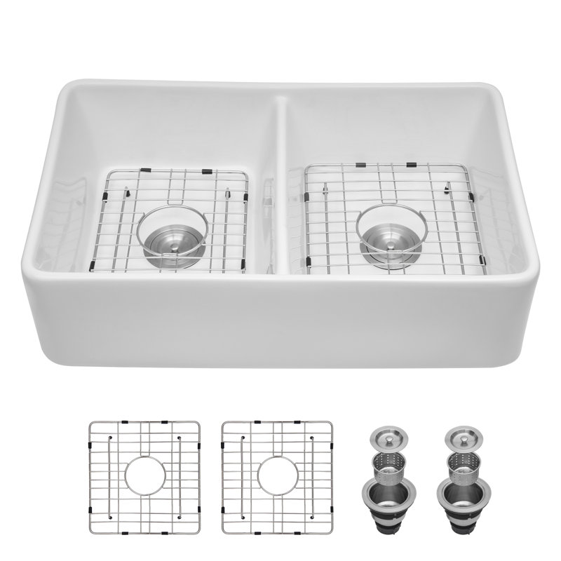 Évier de cuisine de ferme à double cuve avec grille d'évier et crépine L 32 po x l 20 po