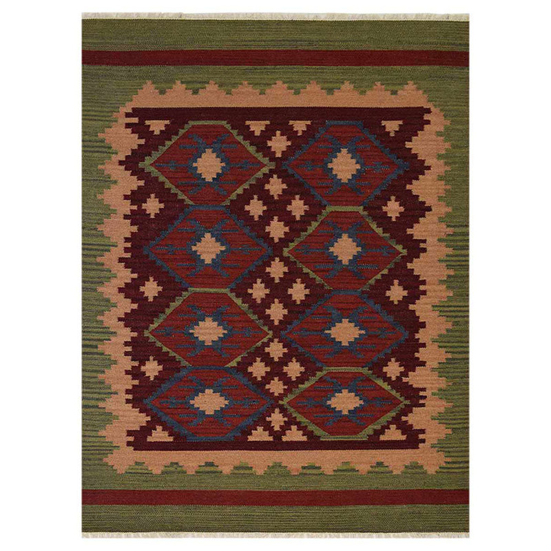 Alixia Hand Woven Flat Weave Kilim Wool Eco-Friendly Area Rugs - Round, Burgundy Olive Color, Contemporary Modern Design, Low Pile Handmade Area Rugs for Living Room, Bed Room