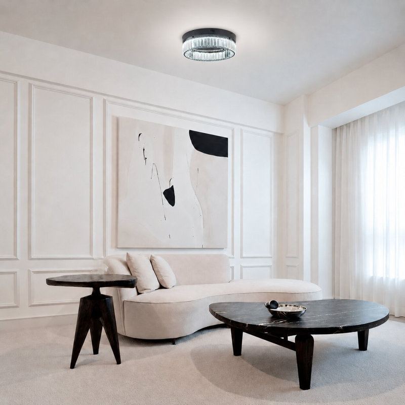 Plafonnier encastré moderne en cristal rond à DEL , Noir satiné, H 4,37 po x l 15,75 po x P 15,75 po