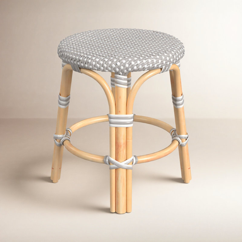 Alastair 18" Rattan Dining Short Stool - Gray/White Dot / Natural Rattan Frame, Gray/White Dot/Natural Rattan Frame