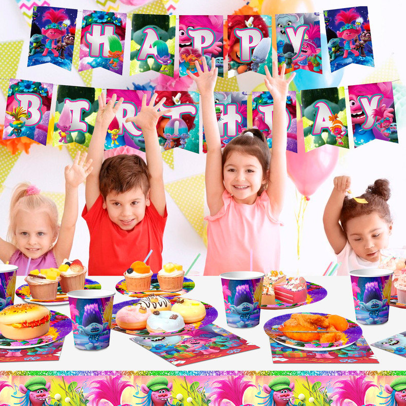 Trolls Party Supplies,114pcs Trolls Party Tableware Set