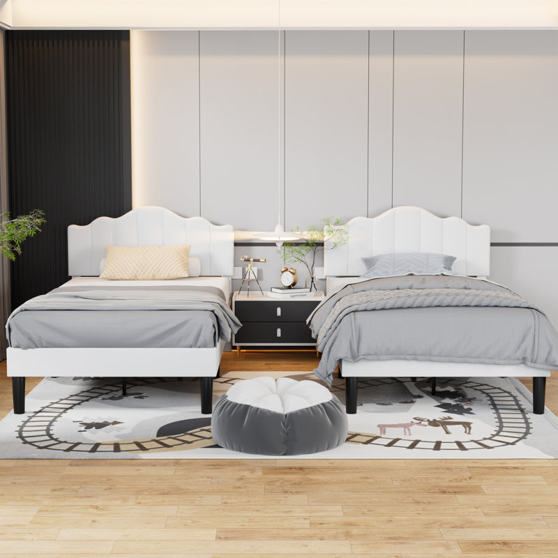 Ensemble de 2 lits simples tapissier à tête de lit ajustable, Blanc