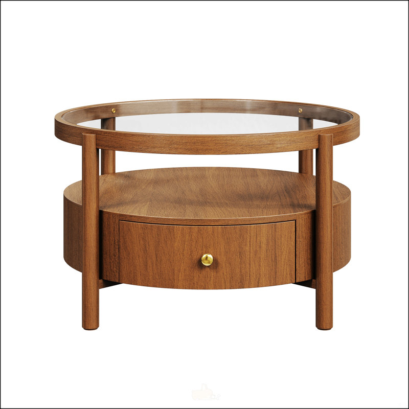 Table basse ronde à plateau en verre avec base en bois de noyer et tiroir caché pour le rangement de salon moderne