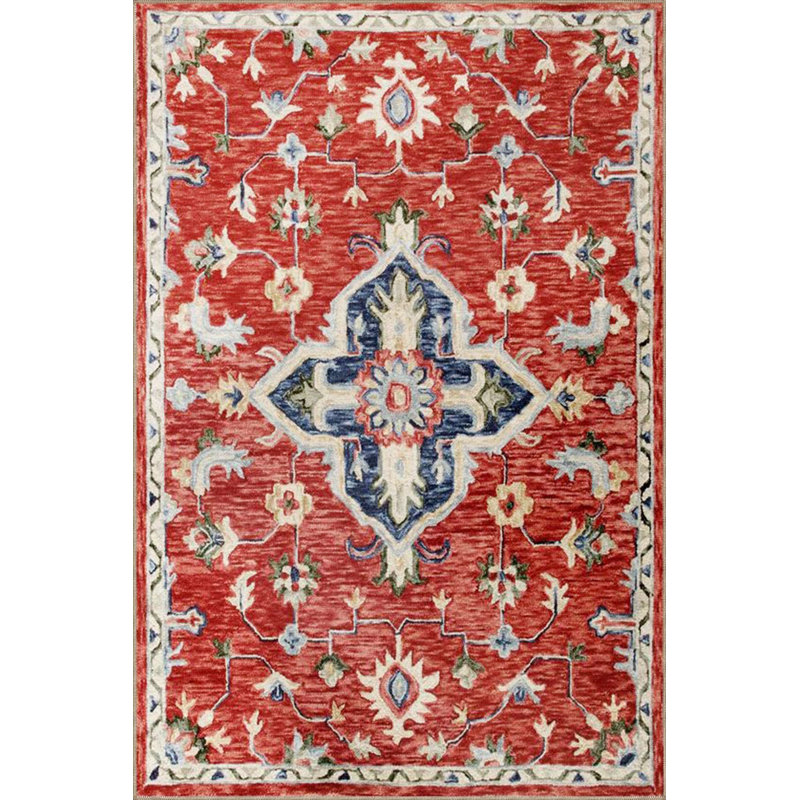 Red Geometric Traditional Pattern Woven Base Rug Machine Washable, Rectangle 3'3" x 4'11" Rug Pad Included