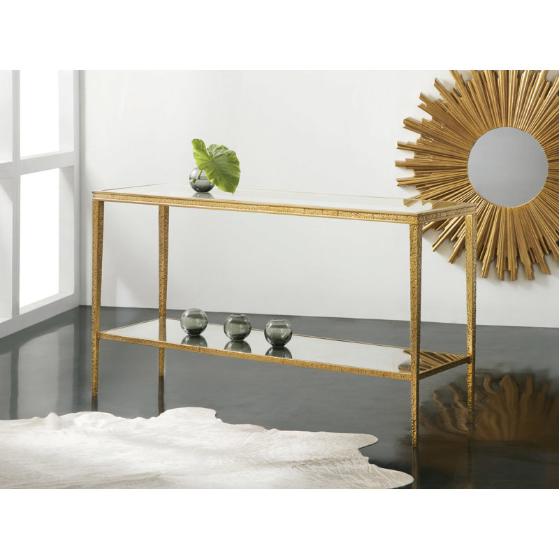 60'' W Glass Console Table, Antique Brass