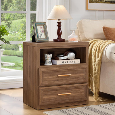 24'' Wide Farmhouse Night Stand with 2 Drawers,Wood Nightstand | Modern End Table Open Storage Shelf, Metal Handle, Mid-Century Bed Side Table for Bed