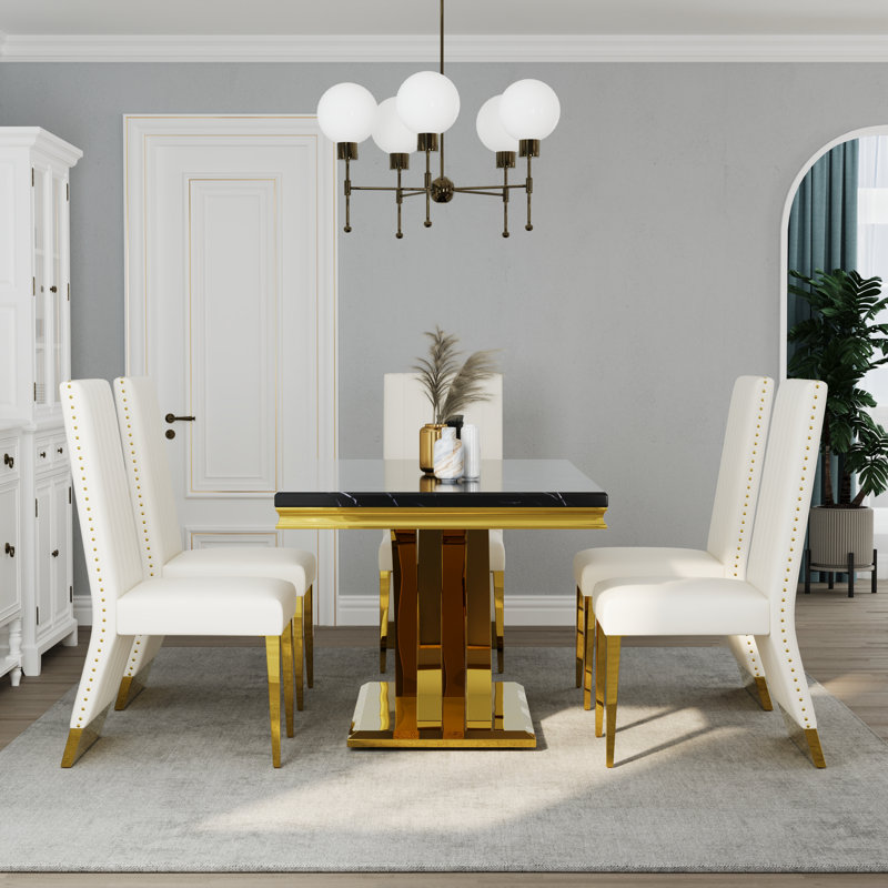 Ensemble de table de salle à manger de luxe 7 pièces en faux marbre et or avec 6 chaises en cuir blanches, Blanc