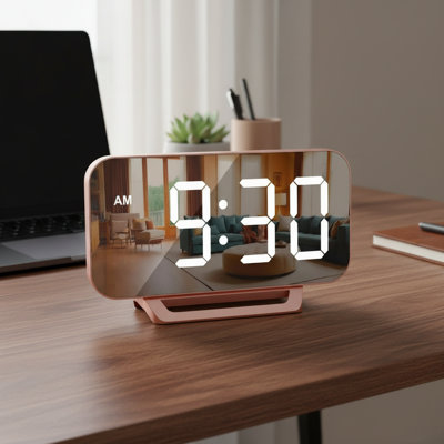 Rose Gold -Thin Digital Mirror Clock, 6-Level Dimming, Plug-In Battery Backup Multi-Scene Decor