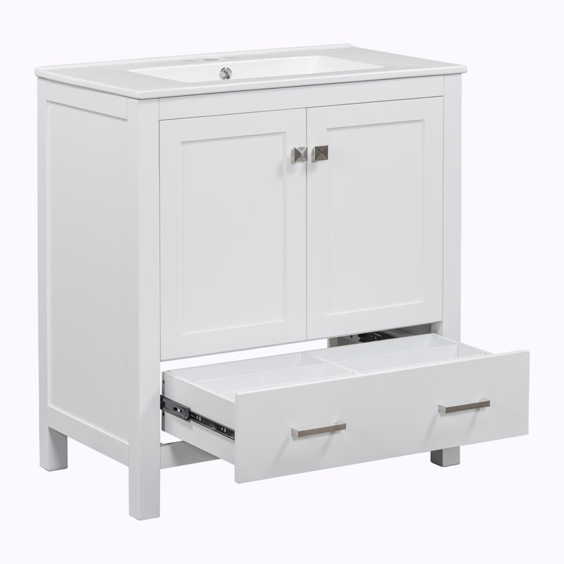 Meuble-lavabo simple 30 po avec plateau en céramique Marycruz, Blanc, Argent