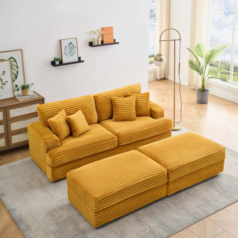 Canapé confortable en velours côtelé avec coussins amovibles et fonction de rangement, Orange