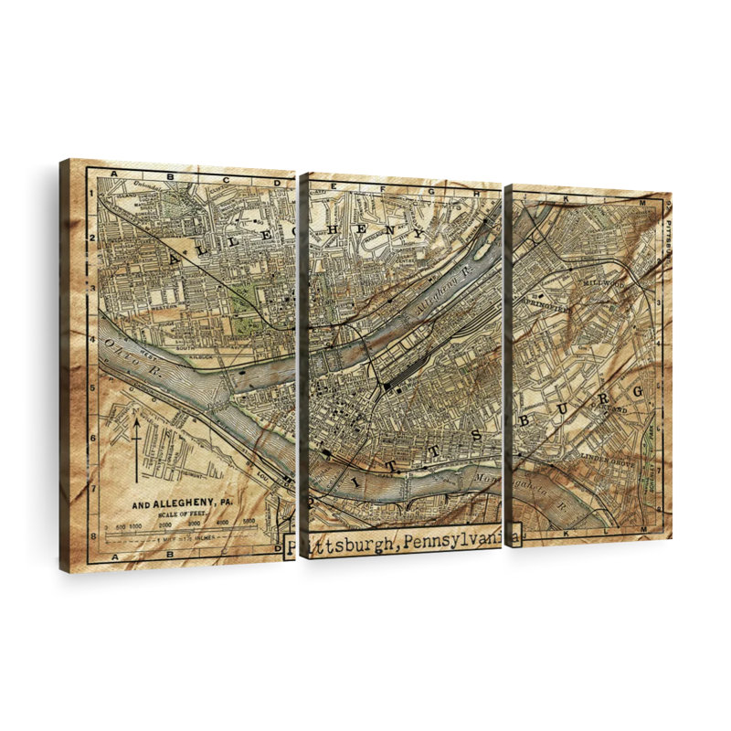 " Vintage Pittsburgh City Map " 3 Piece Art Set, 20" H x 33" W x 1.25" D