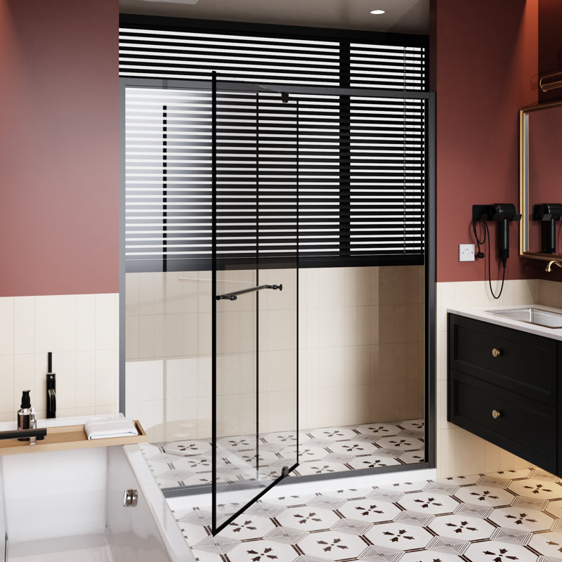 Porte de douche pivotante de 60 po de hauteur, 72 po de hauteur, verre trempé transparent de 1/4 po d'épaisseur, cadre en aluminium noir, fermeture magnétique à fermeture silencieuse par poignée en acier inoxydable, pour la fermeture, réversible