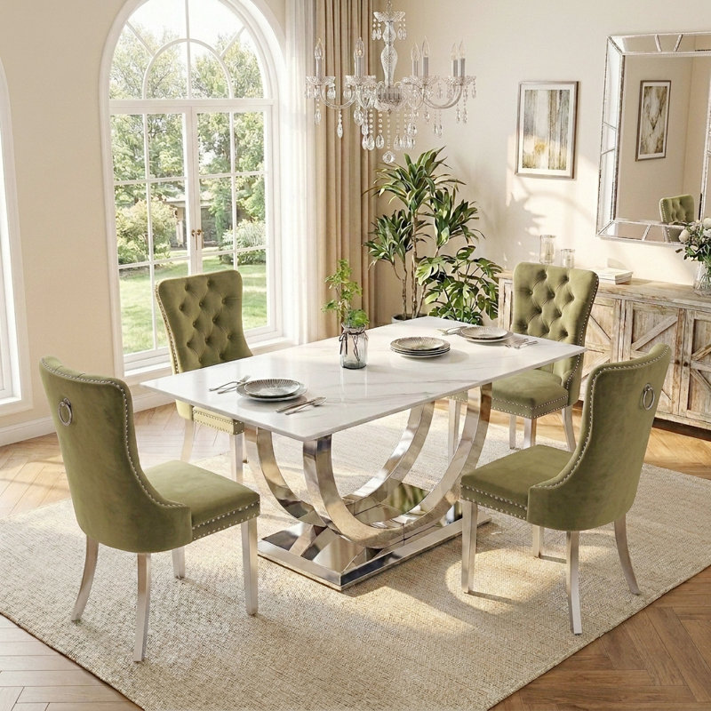 Ensemble de table de salle à manger rectangulaire 69 po pour 4 personnes, ensemble de tables de salle à manger en faux marbre avec 4 chaises rembourrées en velours