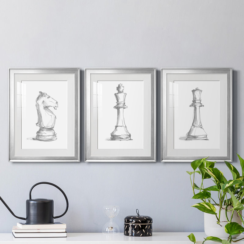 Chess Piece Study I - Matted and Framed Under Acrylic Glass, Set of 3, Large Living Room Wall Art, 36.5" H x 79.5" W x 1" D