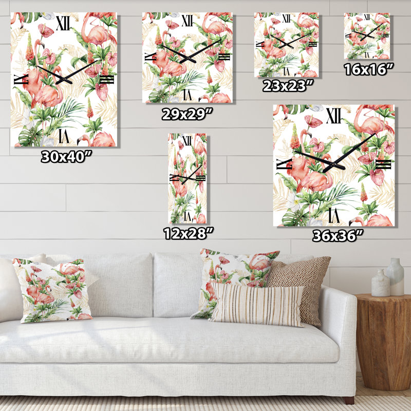 Flamants roses avec fleurs tropicales et feuilles d'or - Horloge murale traditionnelle, Petit
