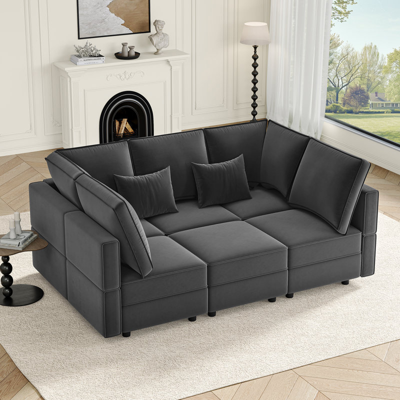 91.7" Velvet Sectional Sleeper Sofas With Storage Space With 6-seat, Gray