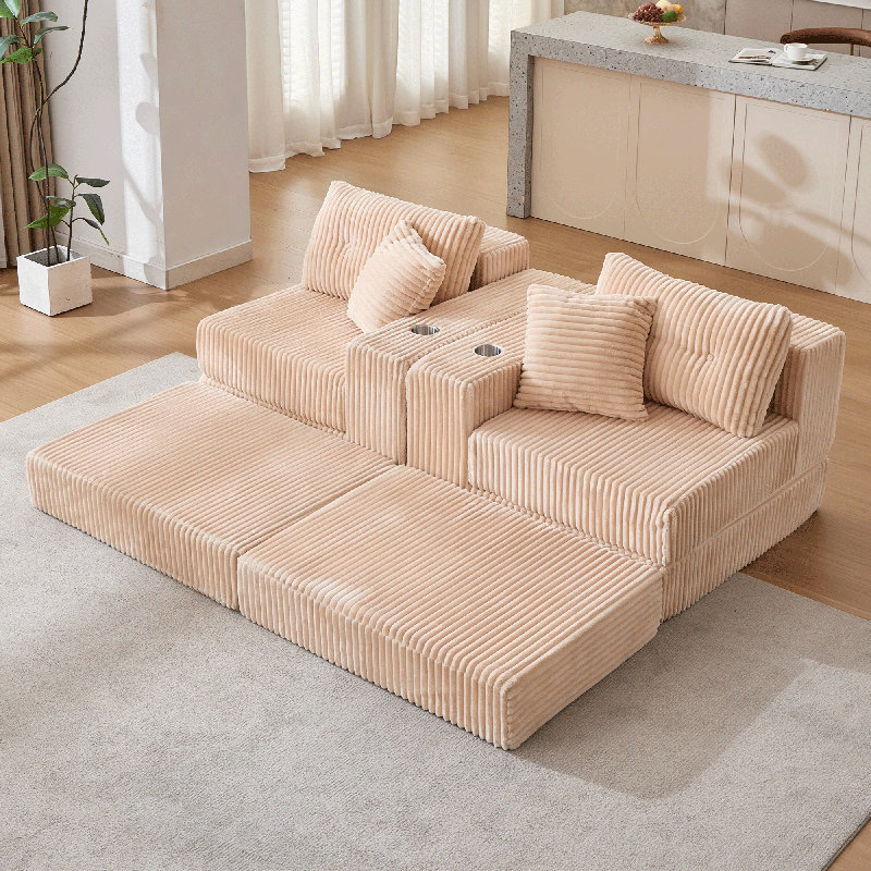 Boneless 80” W Modular Compression Sofa With Ottoman, High Rebound Density Sponge Sofa, Cream