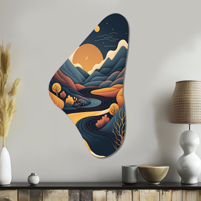 Art graphique mural asymétrique en forme de lune orange dans les montagnes bleues - paysage montagnard