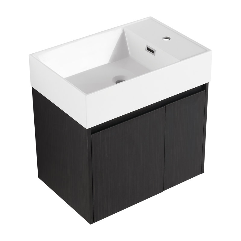 Armoire de salle de bain 24 po avec lavabo, portes, fixation flottante, pour petite salle de bain, Noir châtaignier