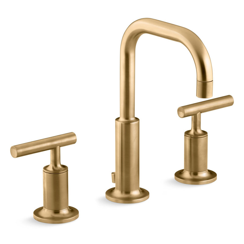 Purist Widespread Faucet with Drain Assembly Low Lever Handles and Low Gooseneck Spout, Vibrant Moderne Brushed Gold
