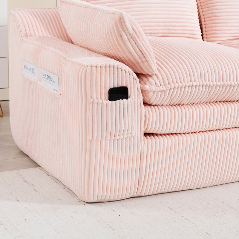 Canapé modulaire en L avec repose-pieds mobile, Velours côtelé rose
