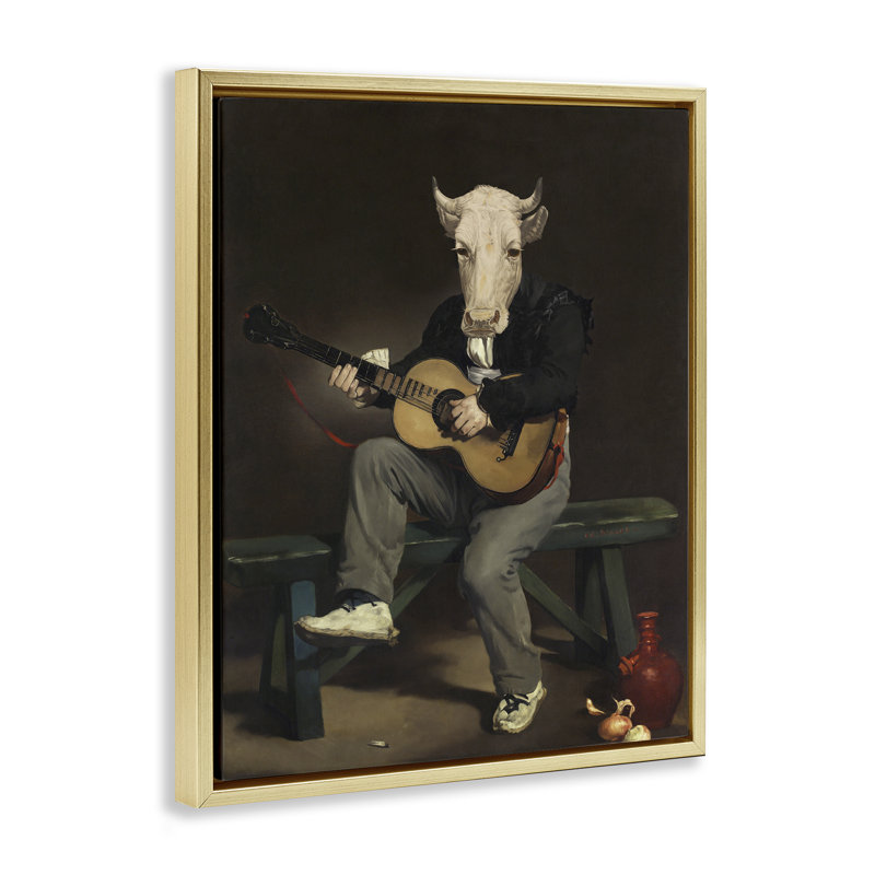  Vache jouant de la guitare, encadré doré sur toile flottante par Alicia Longley, H 21 po x l 17 po