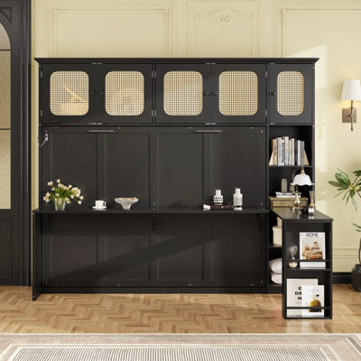 Full Murphy Bed with Desk and Rattan Cabinets, Space-Saving Wall Bed for Home Office, Black