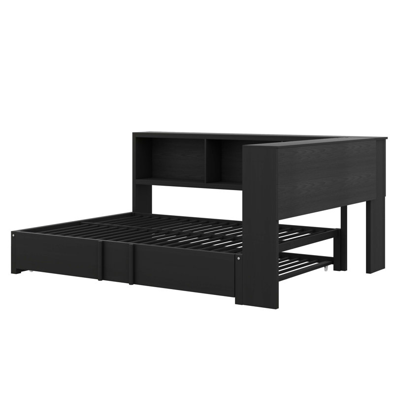 Practical Full Metal Daybed With Pull-Out Trundle And Built-In Storage Sections, Black