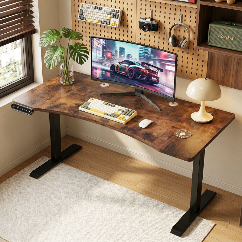 Bureau debout électrique à deux moteurs 63 po x 30 po avec plateau ergonomique courbé, 4 préréglages de mémoire et charge rapide USB-C intégrée de 20 W - poste de travail professionnel à domicile (noyer) brun rétro