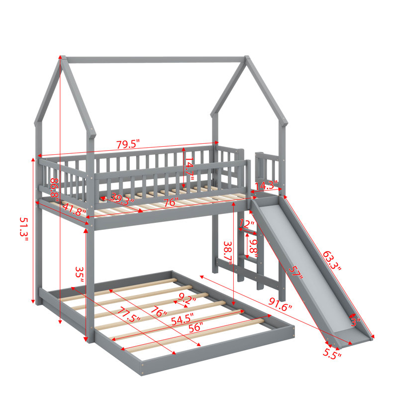 A Full-Over-Twin Bunk Bed Designed Like A House, Including A Slide, Integrated Ladder, Gray
