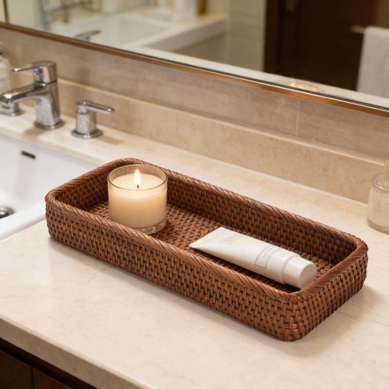 Plateau de meuble-lavabo en rotin et réservoir de toilette tissé à la main