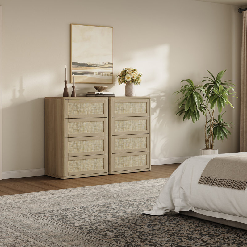 Commode 4 tiroirs Consiglia Boho-Rattan, Chêne ambré