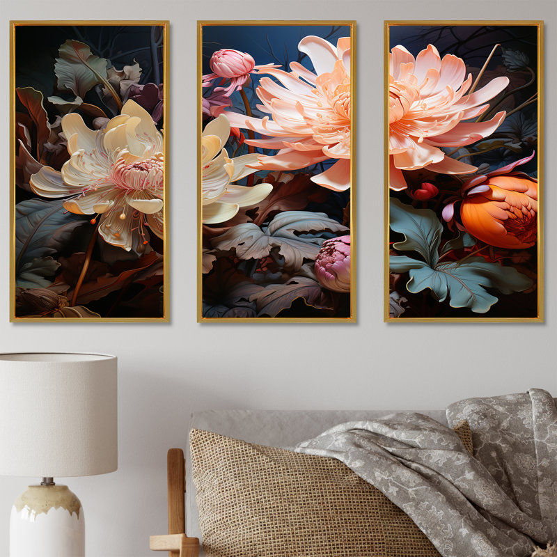 Ensemble d'art mural sur toile rose et beige, Cadre flottant doré, H 40 po x l 60 po x P 1 po