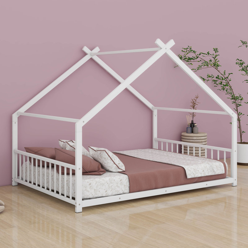 Lit de plancher avec toit pour filles, cadre de lit en métal avec tête et pied de lit, Lit double, Blanc
